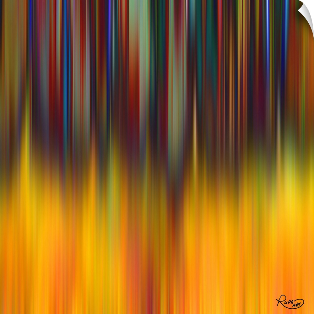 Square abstract art with dark, colorful hues in thin, vertical lines falling from the top down to the bottom turning into ...