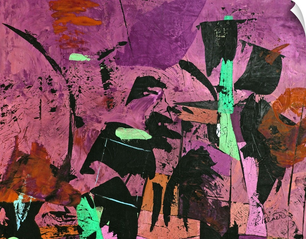 Abstract painting with various shades of pink and purple on the background and bold black markings topped with bright gree...