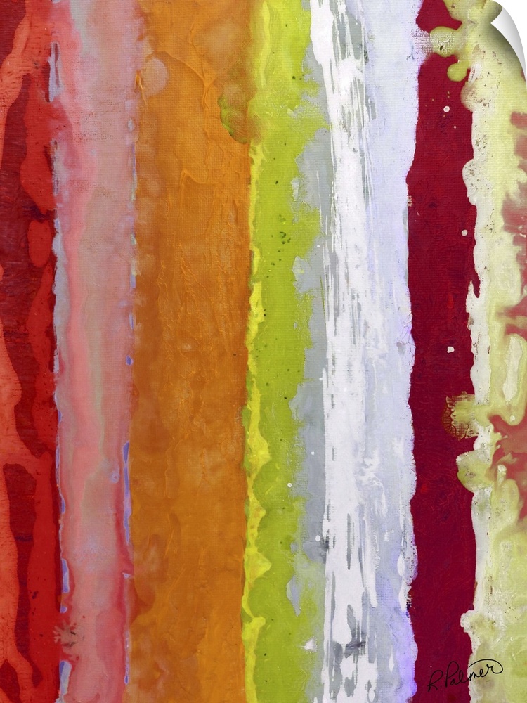 Colorful abstract painting with vertical bands of color in shades of red, pink, orange, yellow, green, purple, and white.