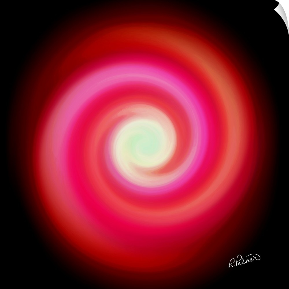 Square image of swirls of colors in red and pink, forming a circle.