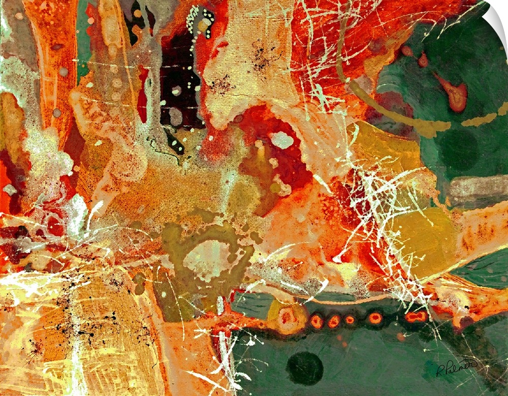 A contemporary abstract painting using fiery warm colors and aggressive paint splatter.