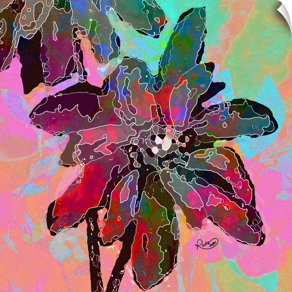 Square abstract art of flowers made up of patches of different dark colors on a pastel colored background.
