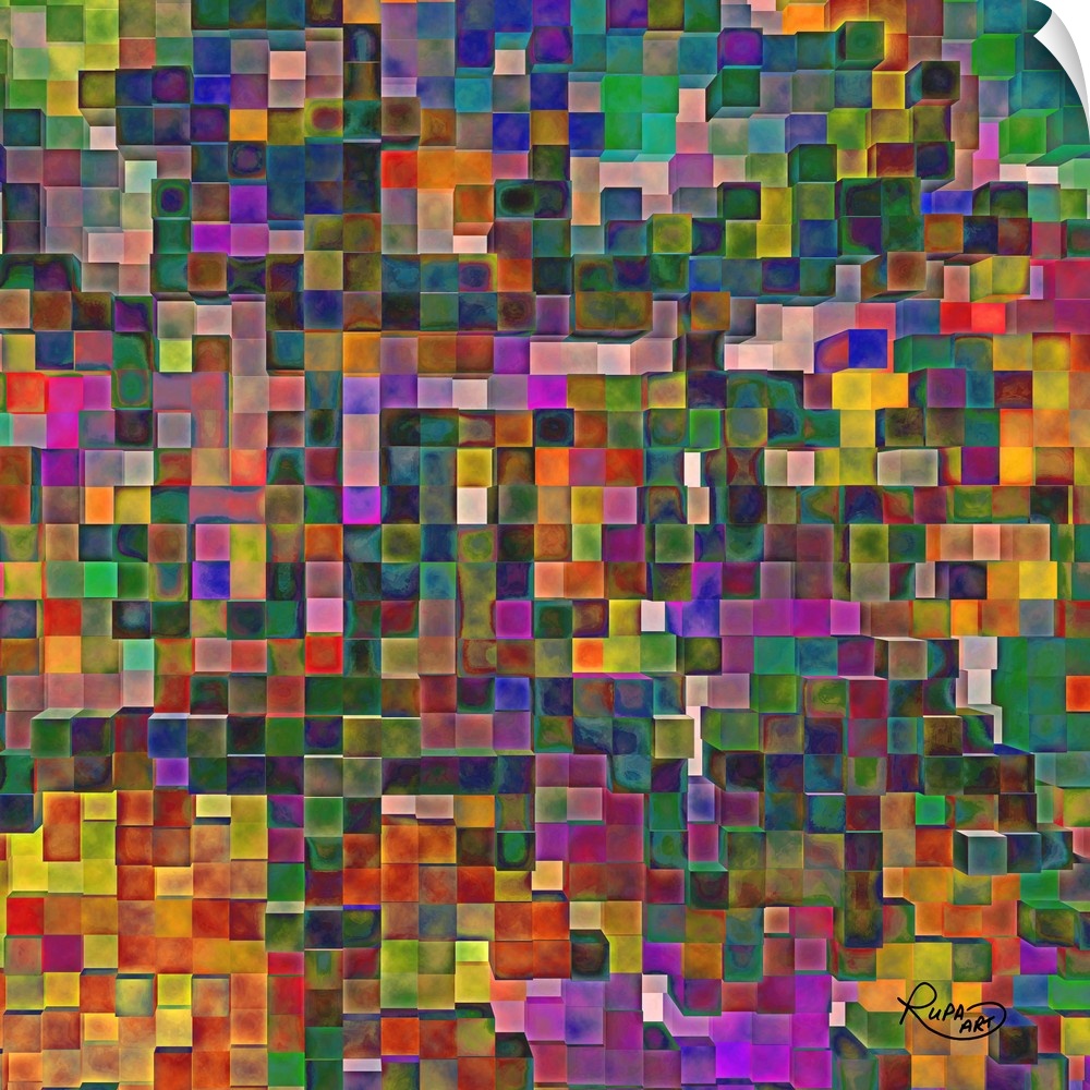 Square abstract art that is made up with tiny squares filled with color creating a grid-like pattern.