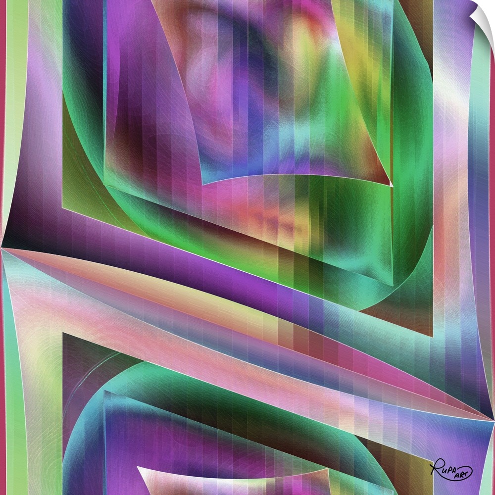 Contemporary digital artwork of intersecting geometric shapes in green and purple.