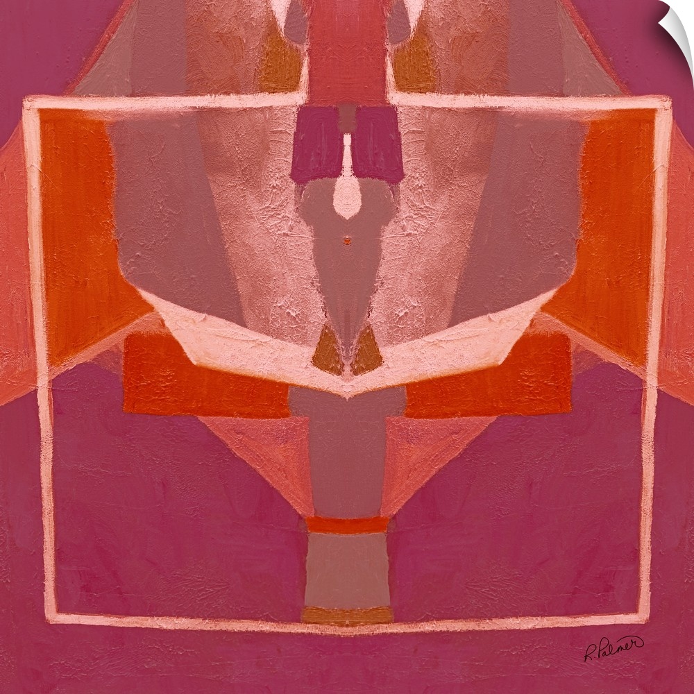 Square abstract painting with pink and orange symmetrical designs.