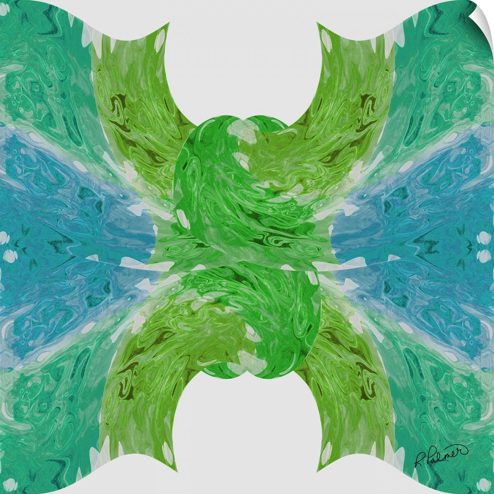 A square design of blue and green colors in the shape of a knot on a white backdrop.