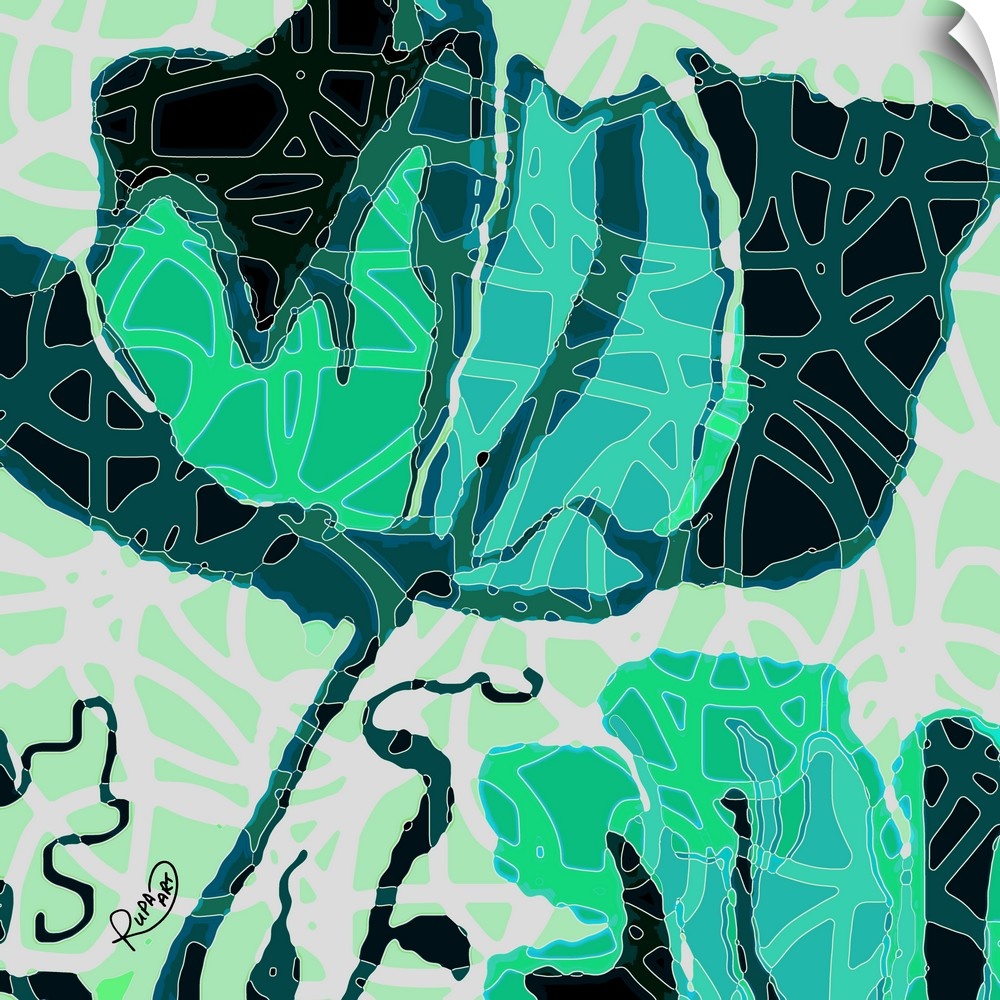 Square abstract art of a large black, bright green, and blue flower with white outlined designs on top.