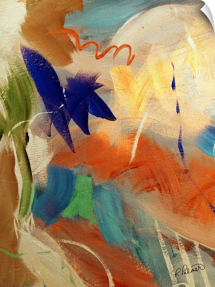 Abstract painting with sporadic brushstrokes in orange, blue, green, and yellow hues with a royal blue design on top that ...