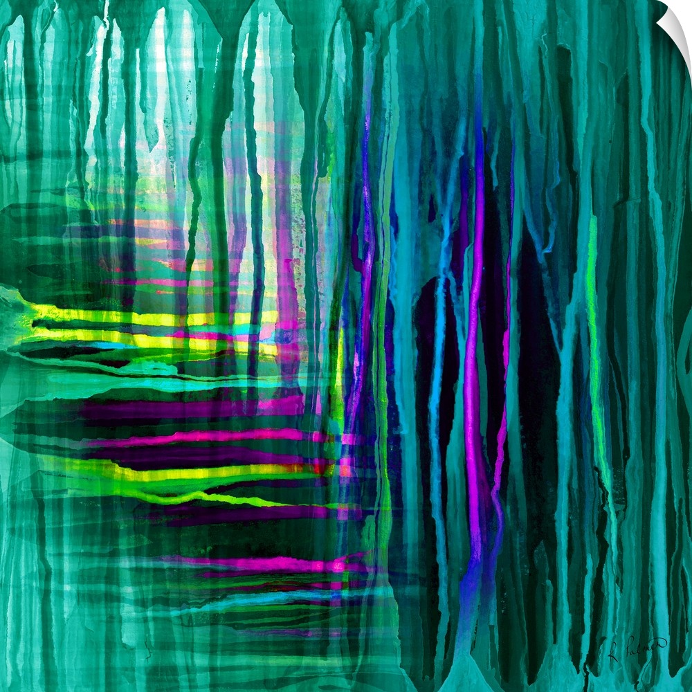 Contemporary abstract painting of vertical and horizontal neon lines of green and purple.