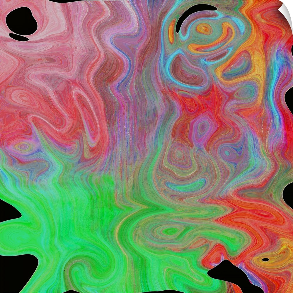 A square image of varies shades of bright green, red and blue layering in swirled shapes.