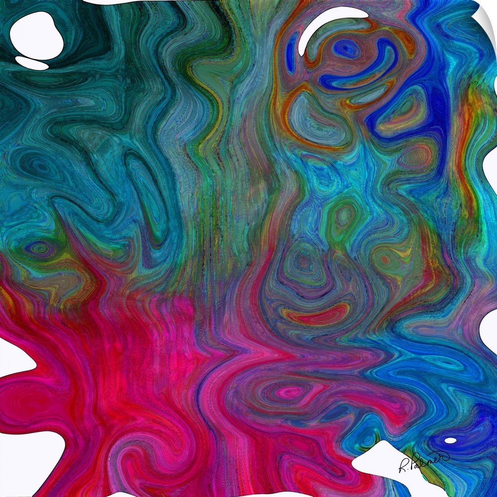 A square image of varies shades of bright green, pink and blue layering in swirled shapes.