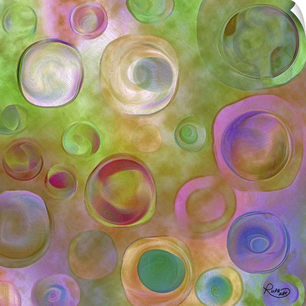 Square abstract painting of colorful circles.