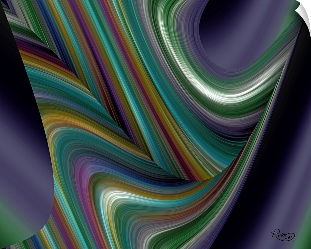 Abstract art with arching colorful, thin lines coming together to create smooth movement.