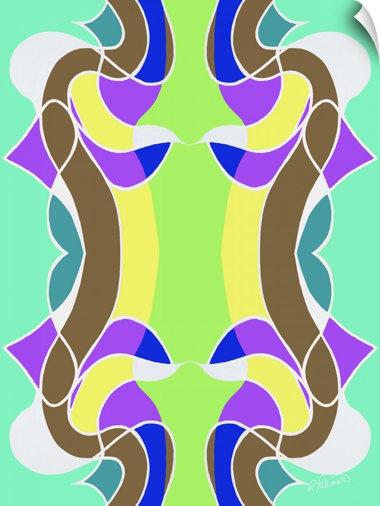 A modern design of curved shapes in bright, contrasting colors of green, purple, brown and yellow.
