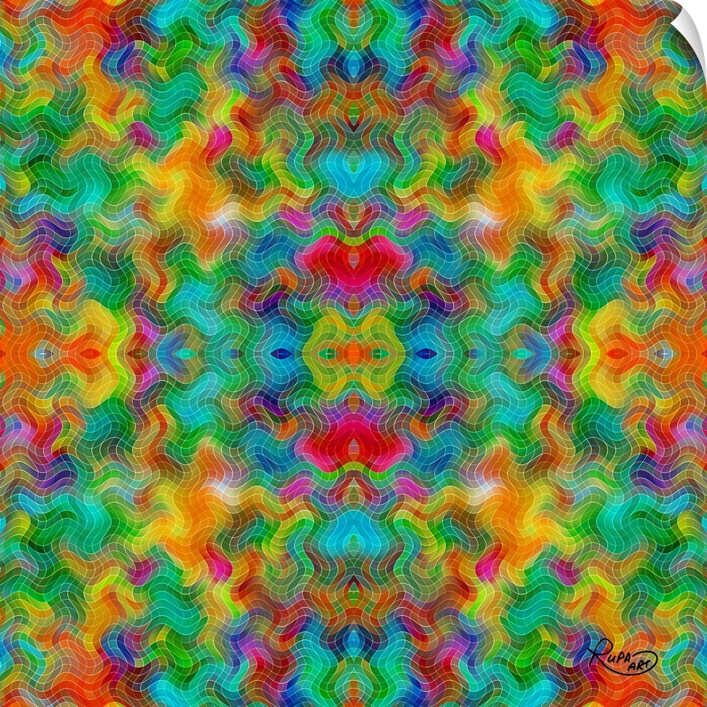 Digital contemporary art of a kaleidoscopic pattern of neon rainbow colors.