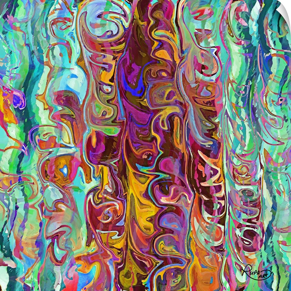Square abstract art with vertical wave-like patterns of bright colors meshed together.