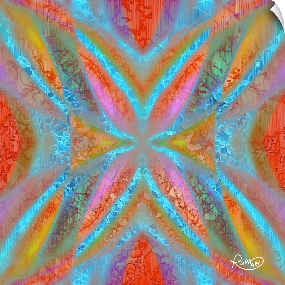 Digital contemporary art of a kaleidoscopic pattern of neon red, blue, and orange colors.