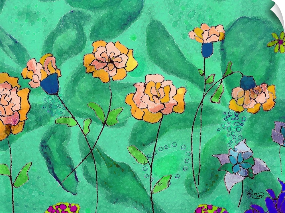 Contemporary abstract art that has pink and orange flowers on green background that has a large, faint, flower design.