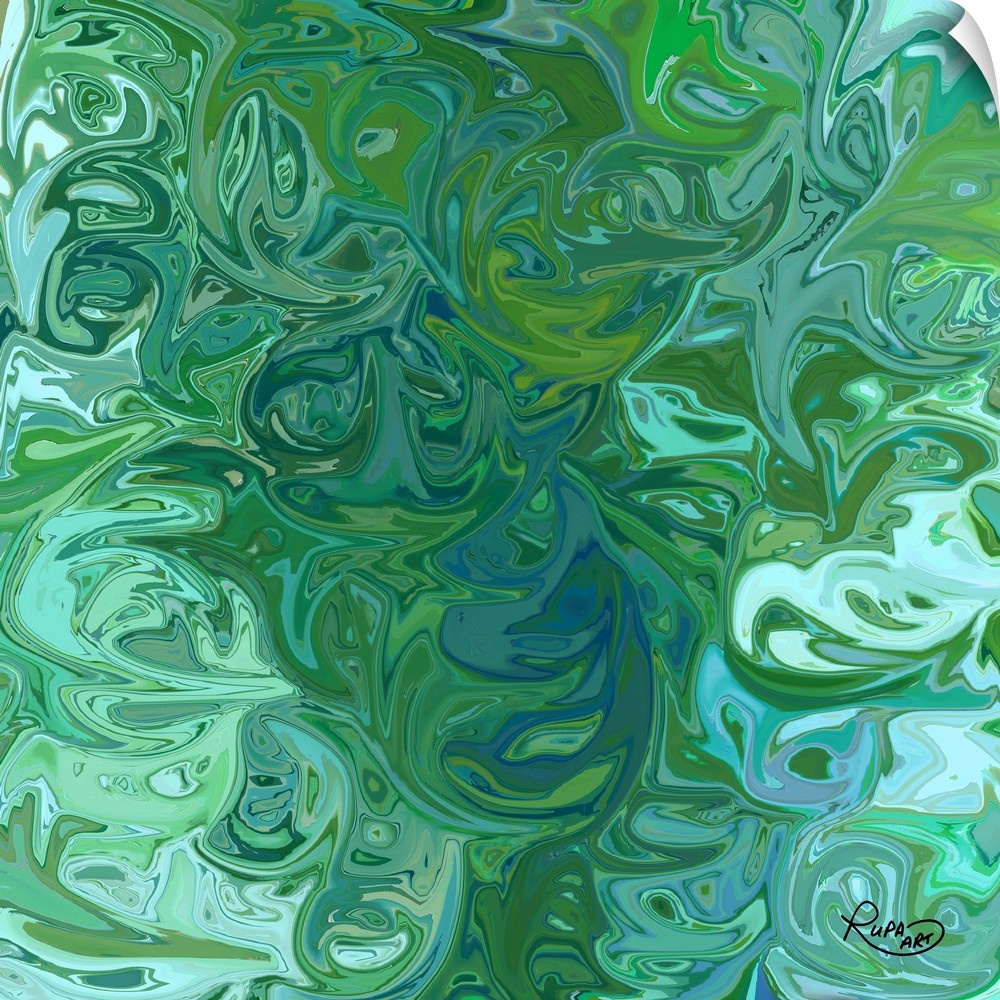 Square abstract art with shades of blue and green swirls combined together resembling an ocean ripple.