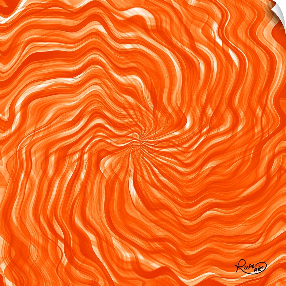 Contemporary digital artwork of spiraling waves of vivid orange.
