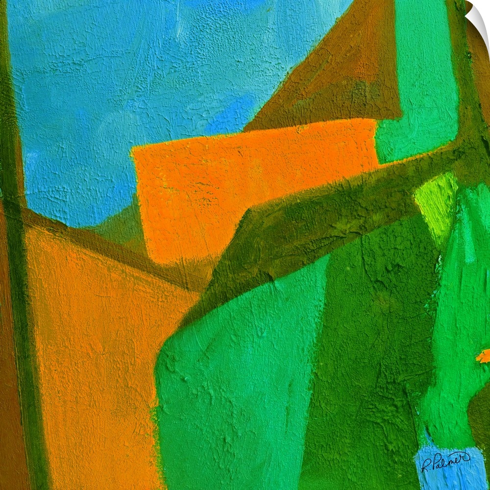Bright square abstract painting with green, blue, and orange shapes fitting perfectly together with a sponge-like texture ...