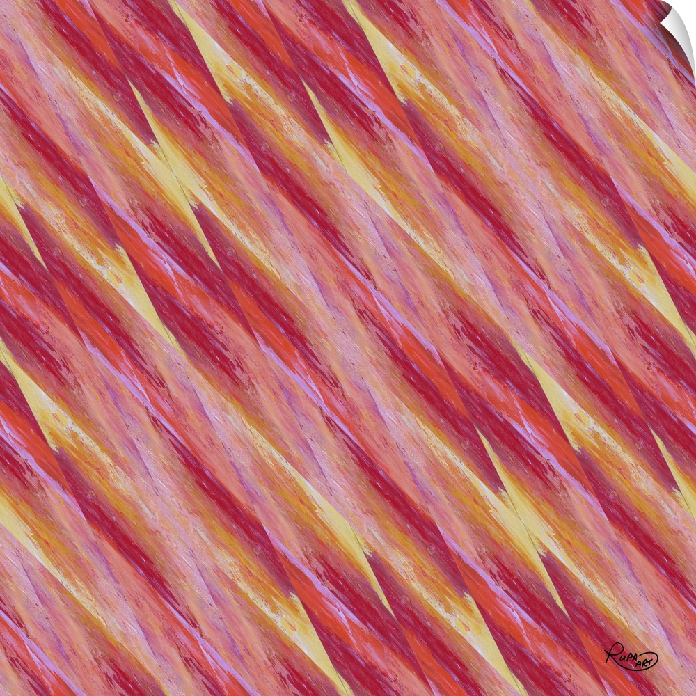 Square abstract artwork in shades of pink and yellow in a small diagonal striped design.
