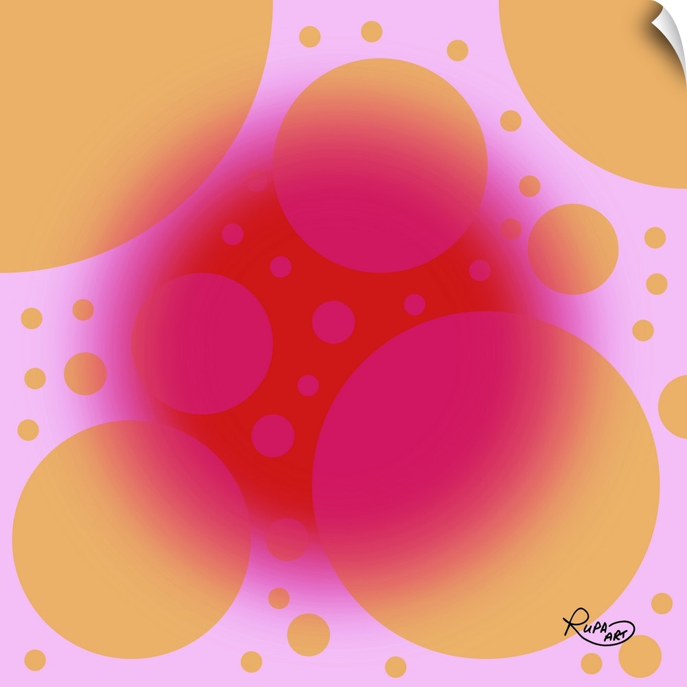 Digital abstract art of a fuchsia colored circle over orange spots on a pink background.