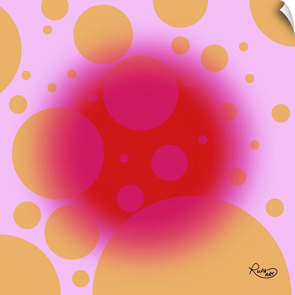 Digital abstract art of a fuchsia colored circle over orange spots on a pink background.