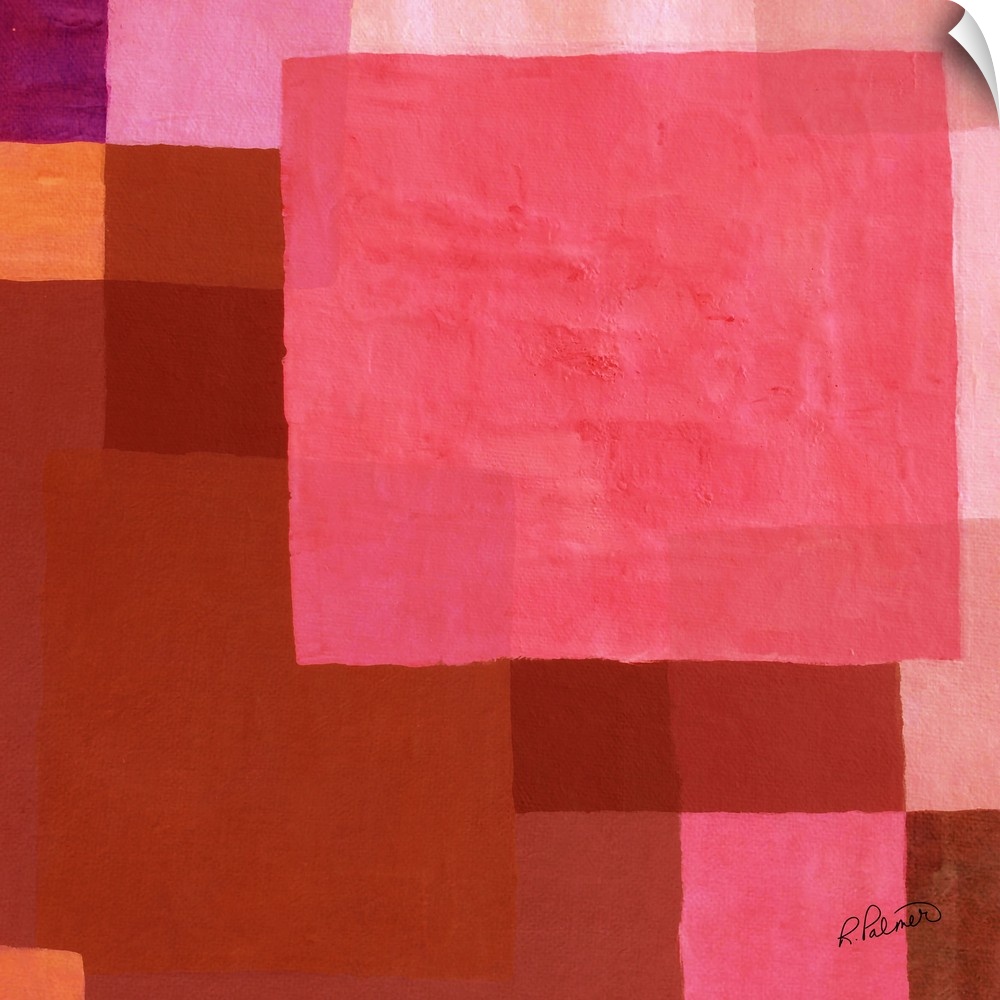 Square abstract painting with layered geometric squares in shades of pink and red.