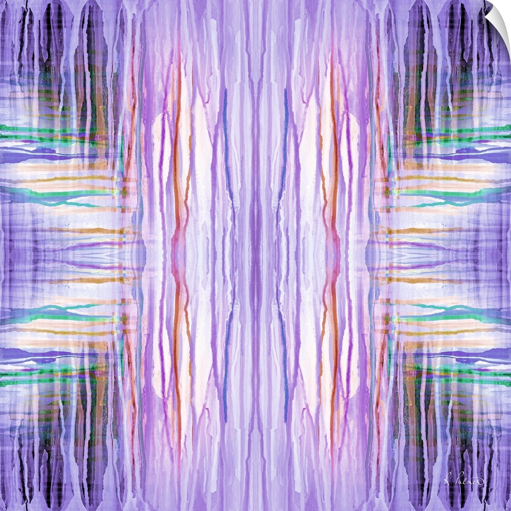 Contemporary abstract painting of a mirrored pattern using neon purple lines.