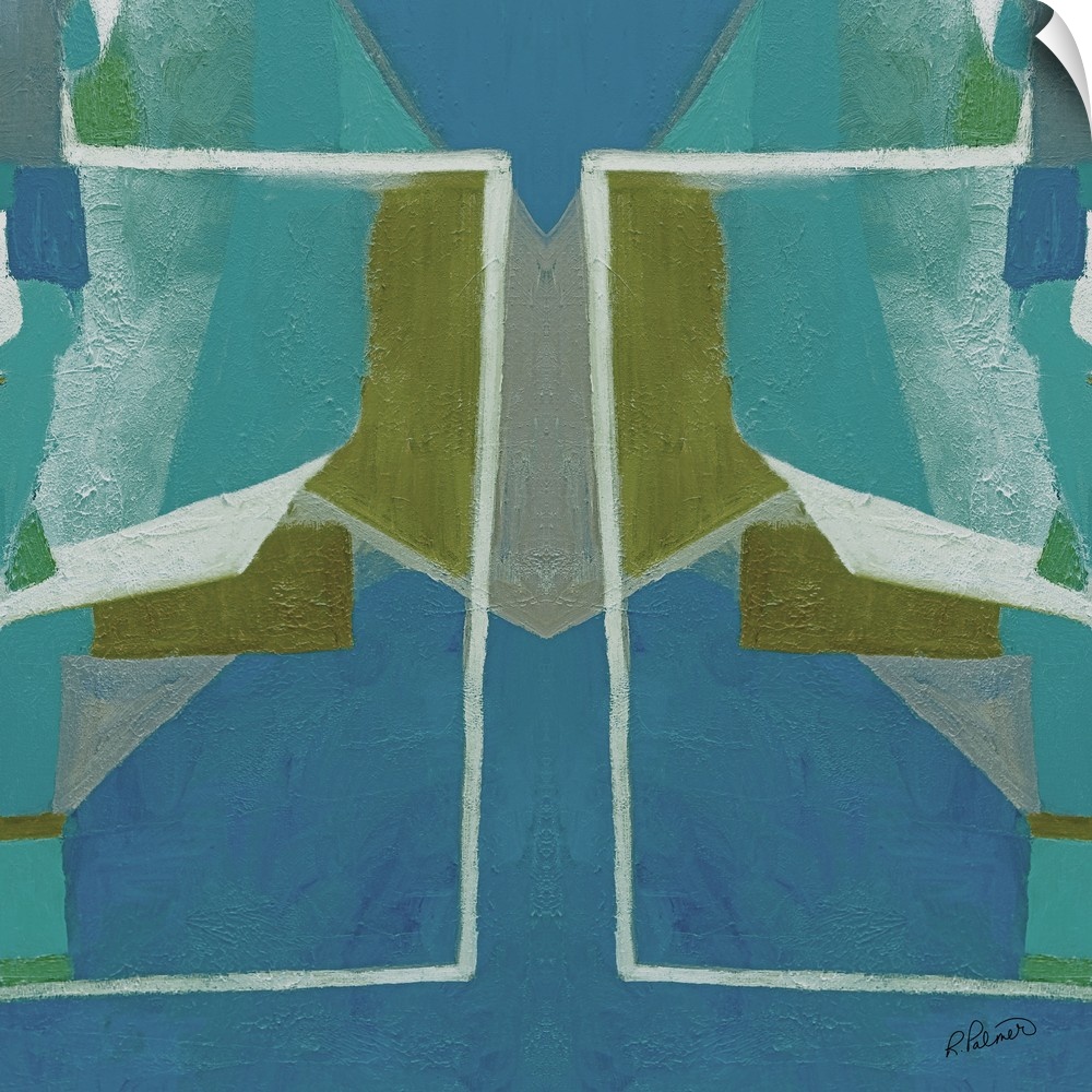 Square abstract painting with blue and green symmetrical designs.