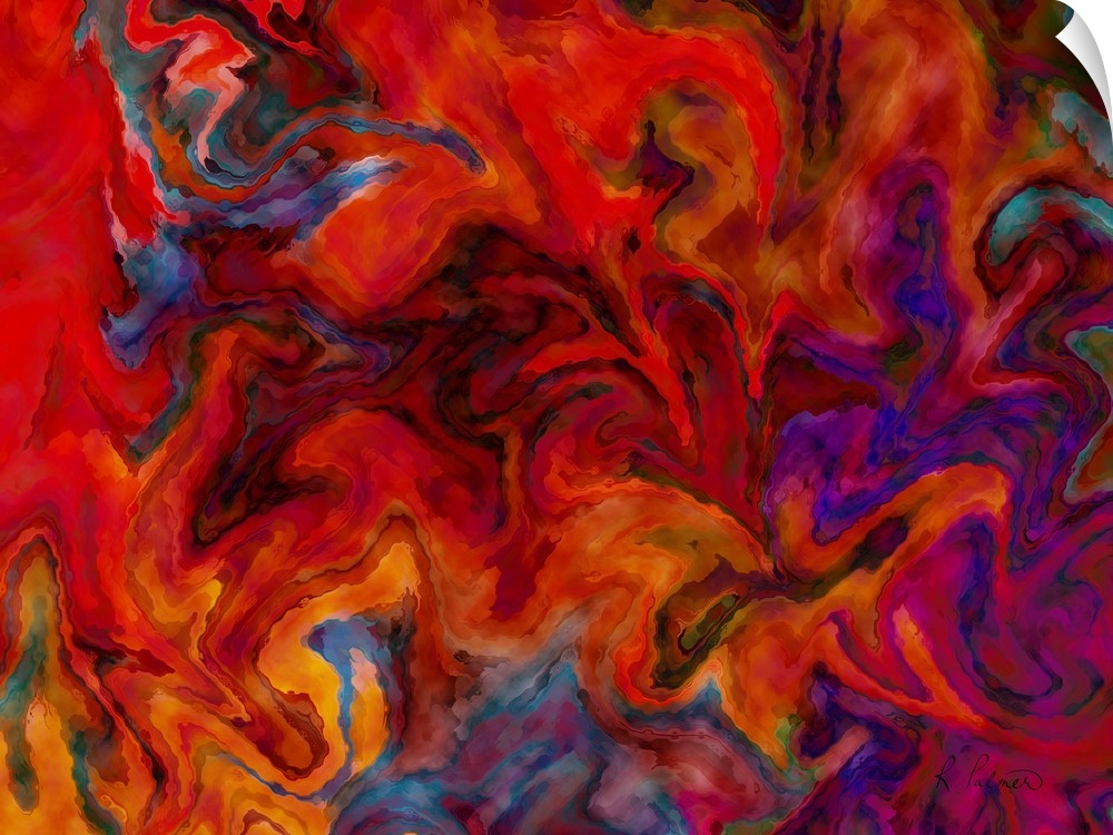 Contemporary abstract painting using a deep red and dark purple in swirling movements resembling fire.