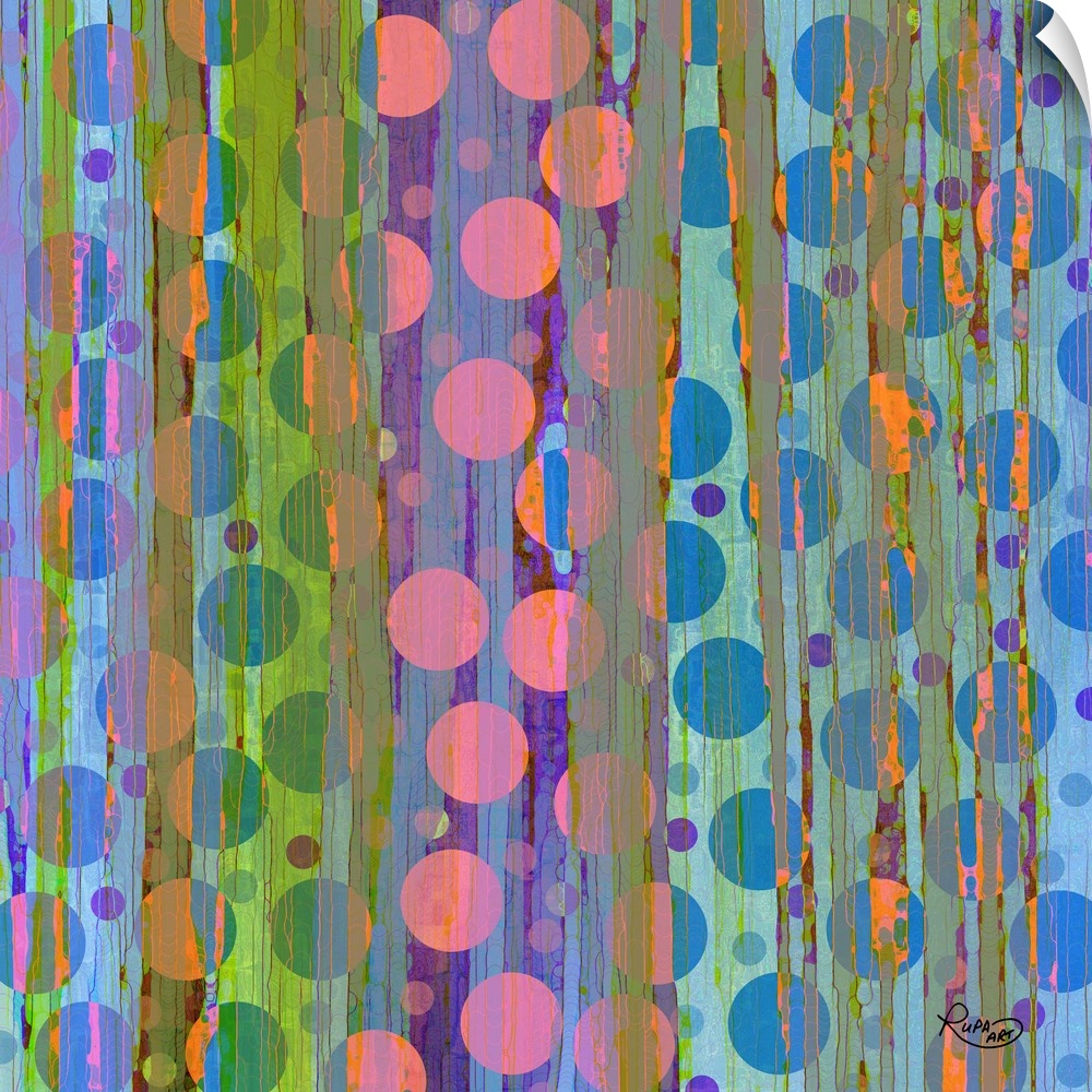 Contemporary digital art of several circles in vibrant colors intersecting with vertical lines.
