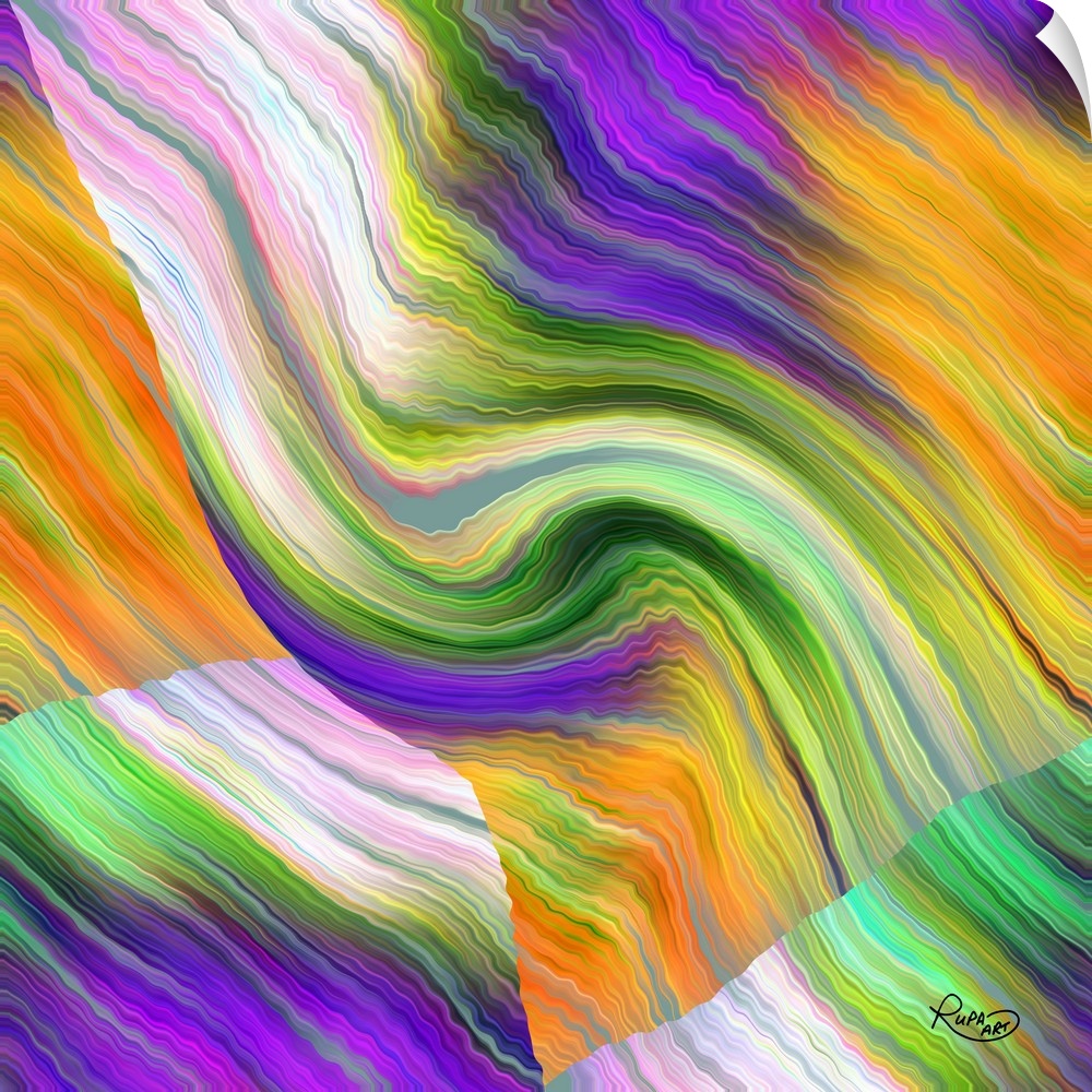 Digital contemporary artwork of overlapping waves of orange, green, and purple stripes.