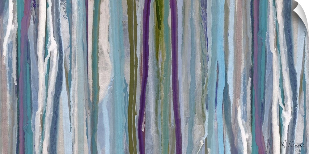 Contemporary abstract painting of vertical lines of blue and purple.