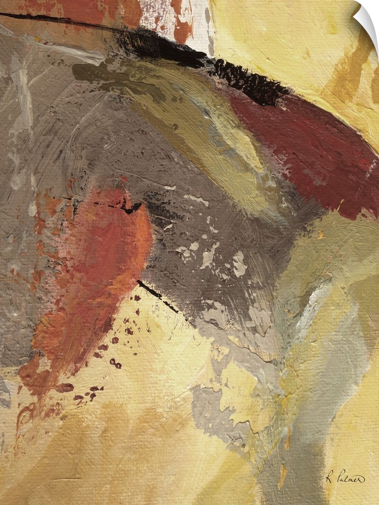 Contemporary abstract artwork with flowing colors in yellow and rusty copper tones.