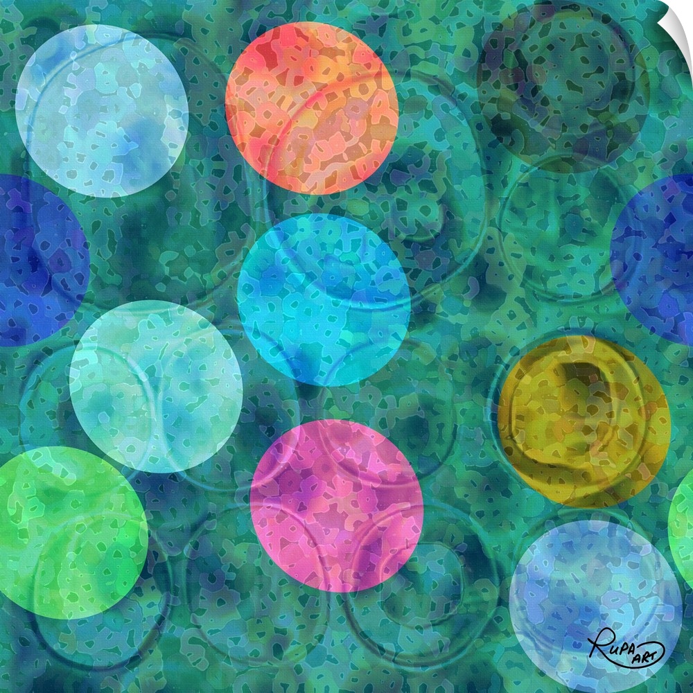 Square abstract art with colorful circular shapes on top of a blue and green background.