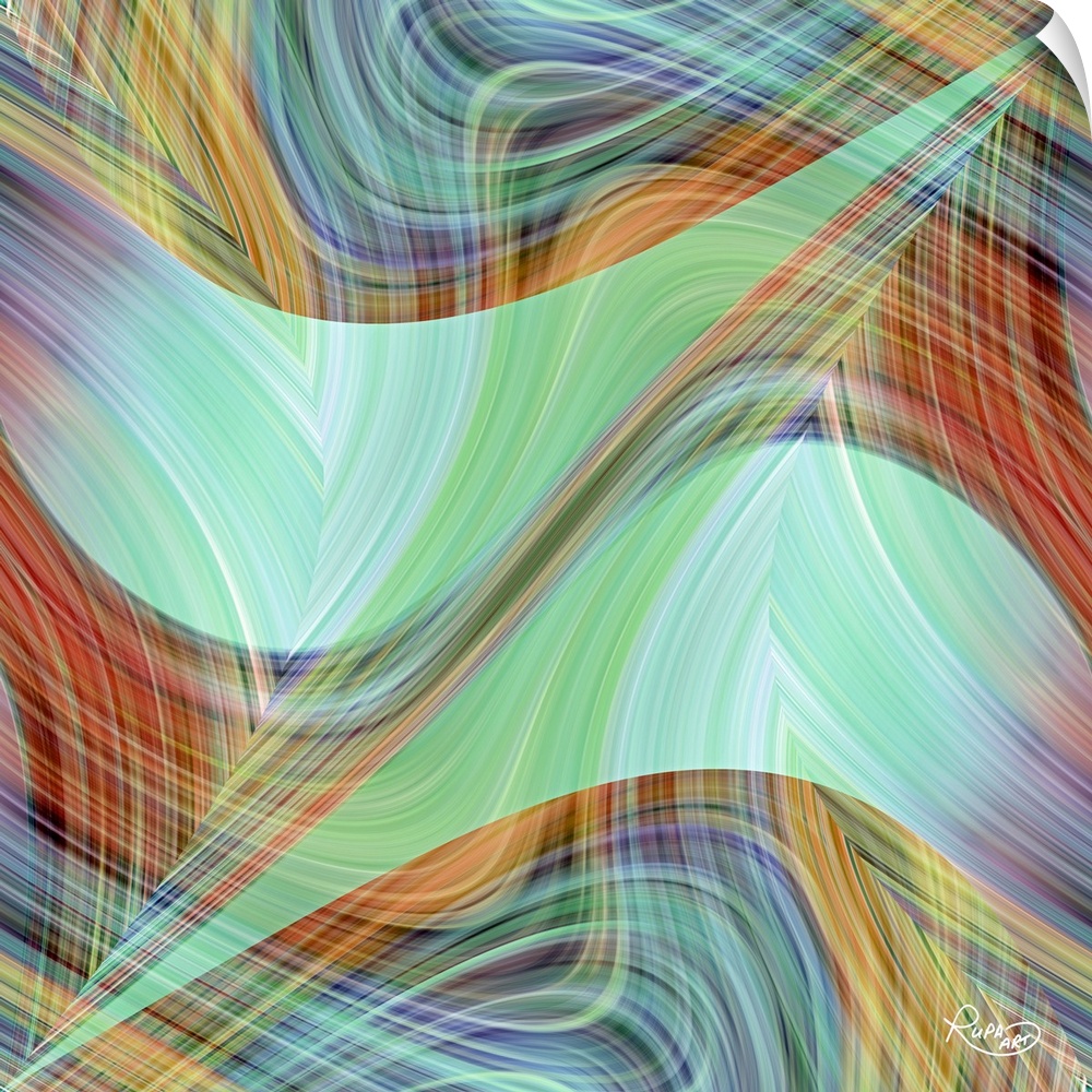 Square abstract of striped swirled shapes in a multi-colored design.