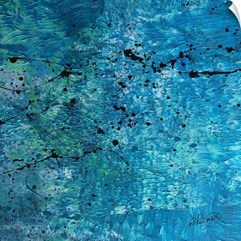 Square abstract painting with a blue, white, and green textured background with black paint splatter on top.