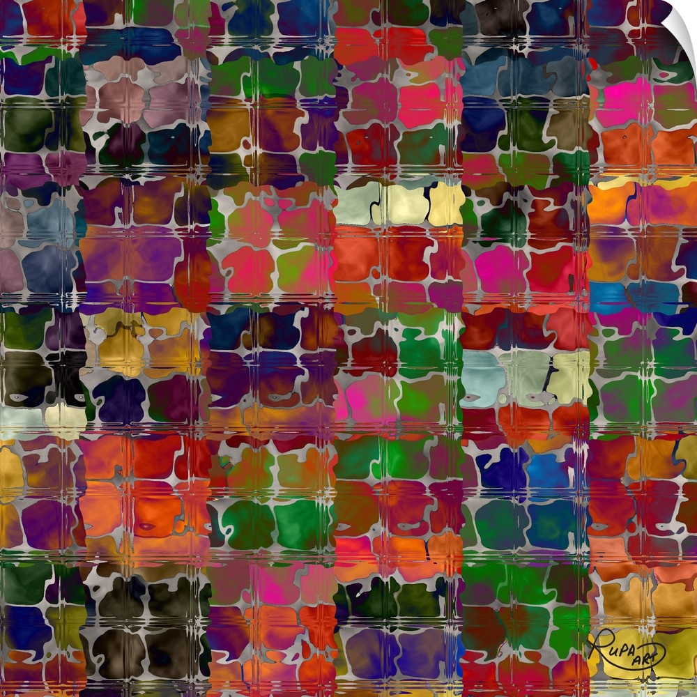 Square abstract art with silver squiggly lines making small squares with different colors blended together inside.