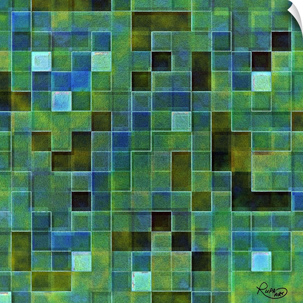 Square abstract art that is made up of green and blue toned squares filled with color creating a tile pattern