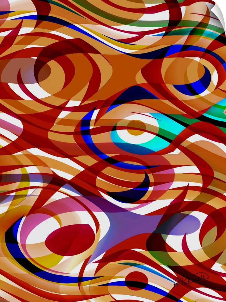 A modern design of swirled ribbons of colors overlapping with circle and crescent shapes.
