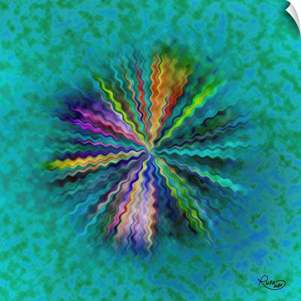 Square abstract art with a wavy, colorful, lines forming together to create a bursting circle on a green and blue background.