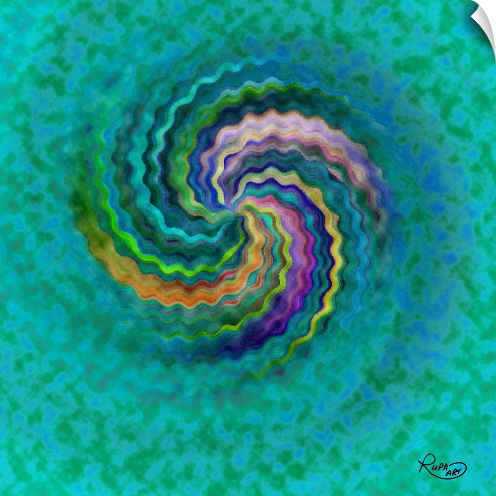 Square abstract art with a wavy, colorful, lines forming together to create a spiral on a green and blue background.