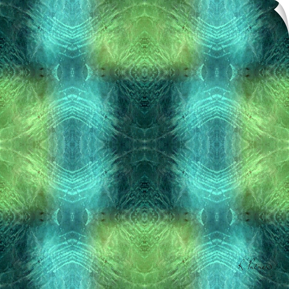 Contemporary abstract painting using blue and green kaleidoscope type images.