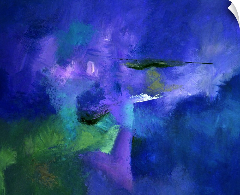 Abstract painting with powering blue hues with hints of purple, green, and black layered on top.