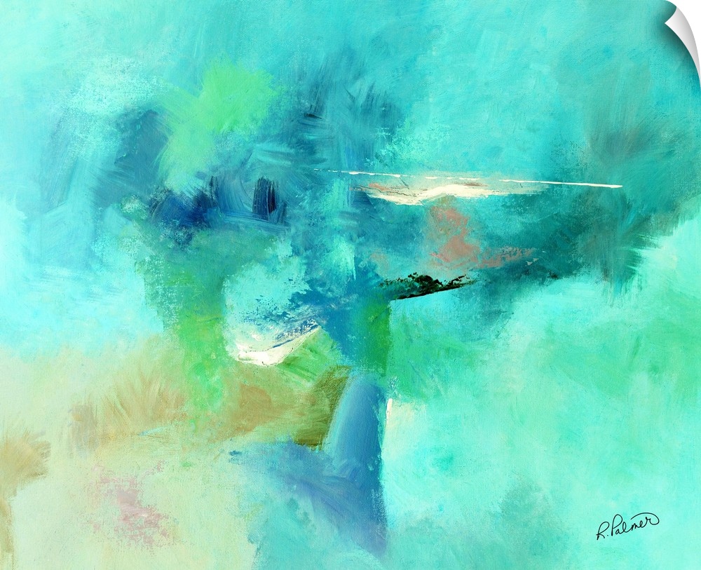 Abstract painting created with shades of green and blue hues and hints of brown, black, and white.