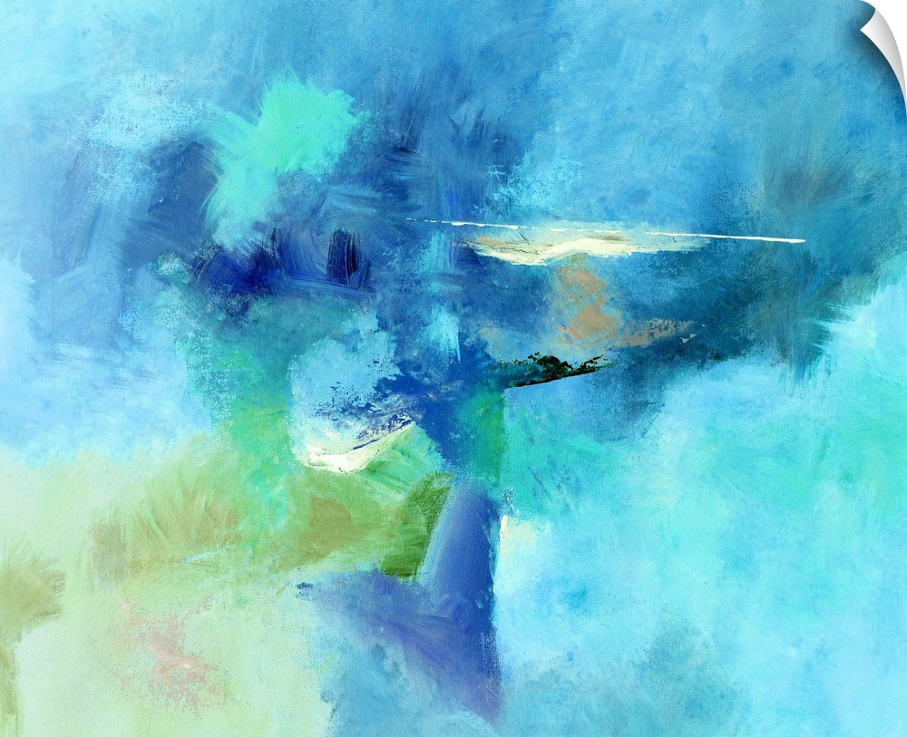Abstract painting created with shades of blue hues and hints of green, brown, black, and white.