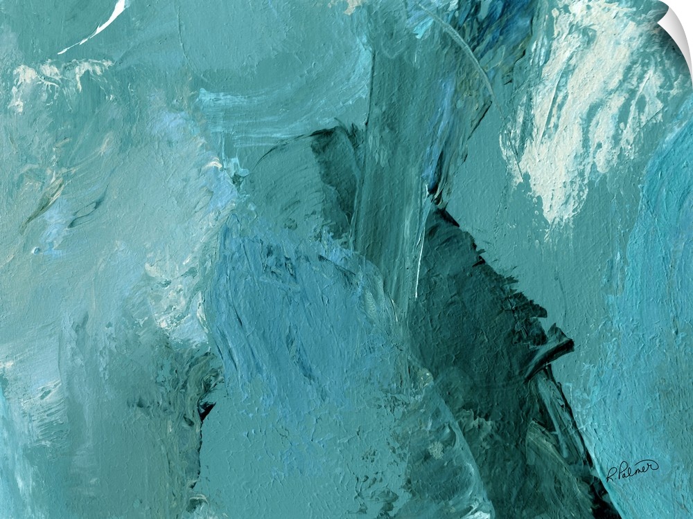 Abstract painting with layers of teal and hints of white.