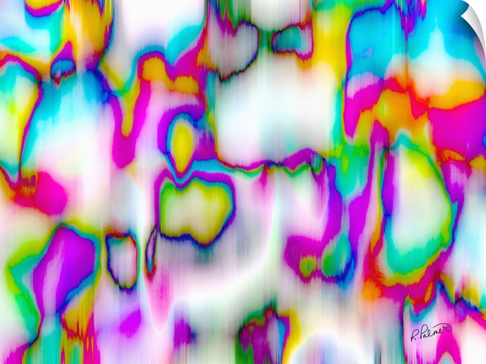 A horizontal image of vibrant shades of pink, green, blue and yellow layering in blurred shapes.